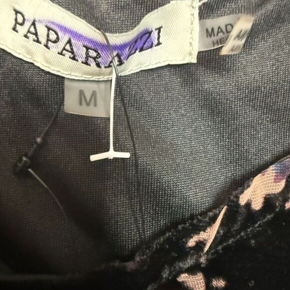 Paparazzi Velour V Neck Tank Top Women M Black Multi Floral Boho Whimsical‎ Goth - Picture 3 of 5